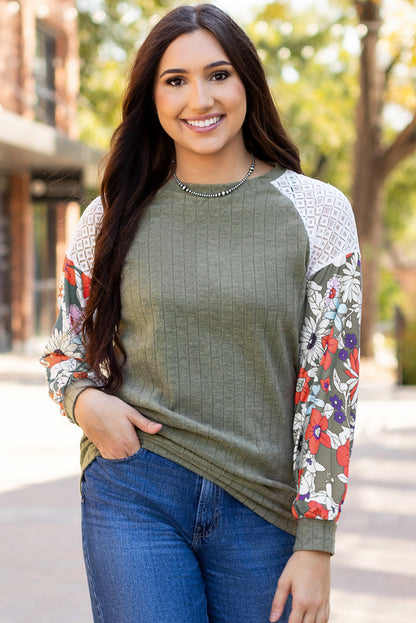 Green Floral Long Sleeve Ribbed Top. GCollection