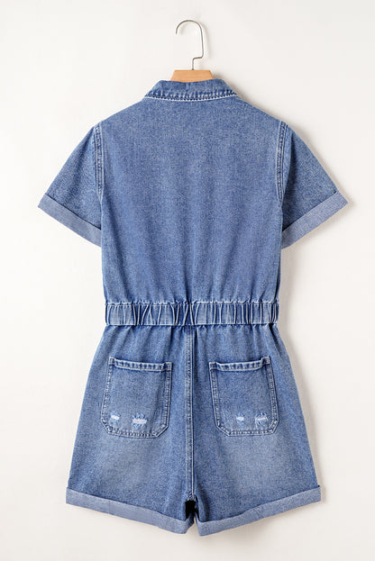 Dusk Blue Denim Short Sleeve Romper. GCollection