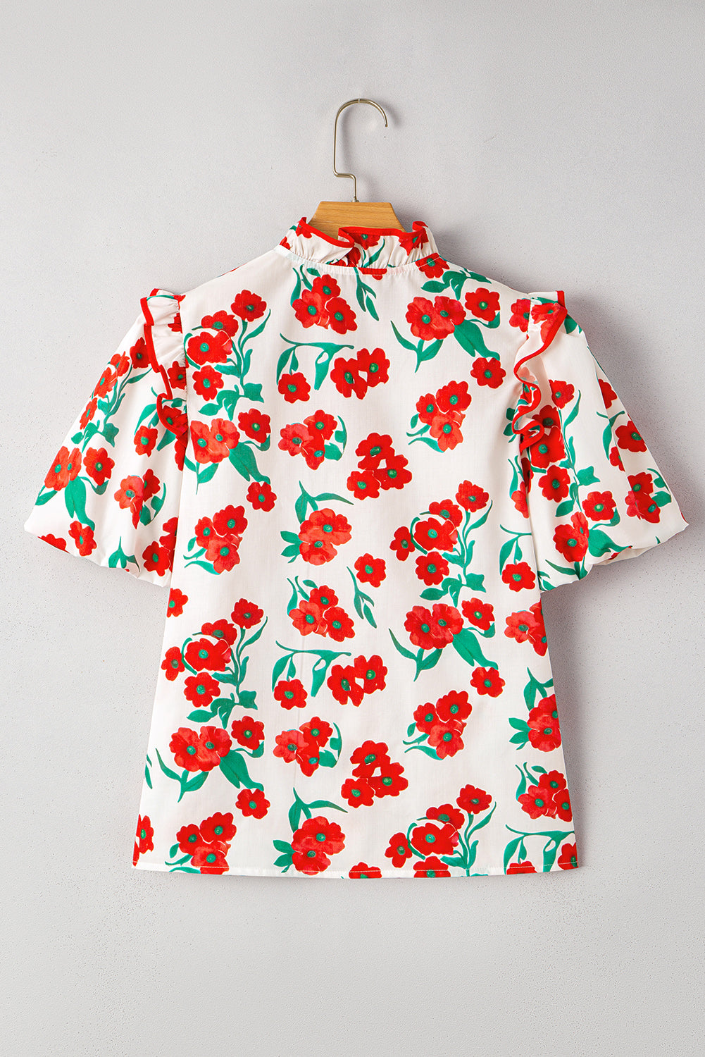 Red Floral Print Ruffled Puff Sleeve. GCollection