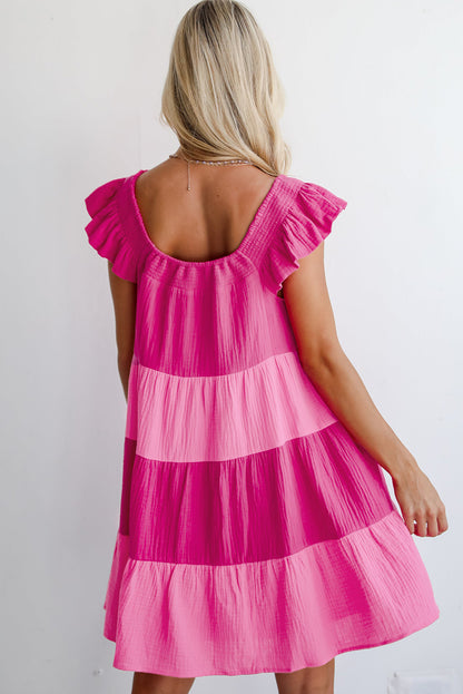 Pink Crinkled Colorblock Patchwork Flutter Tiered Dress. GCollection