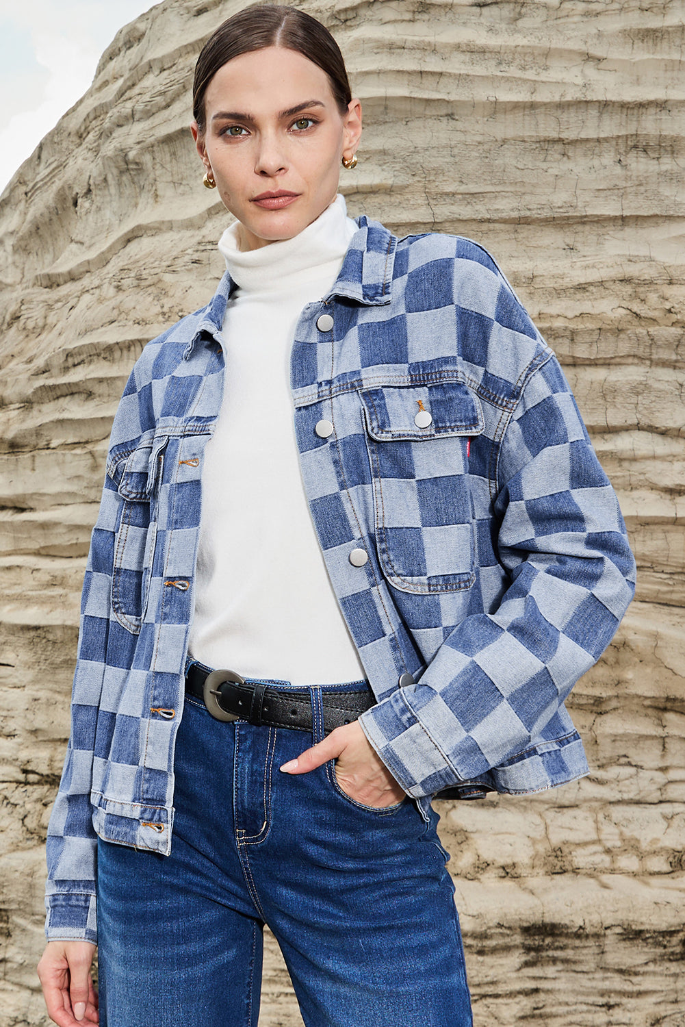 Light Blue Checkered Button up Denim Jacket. GCollection