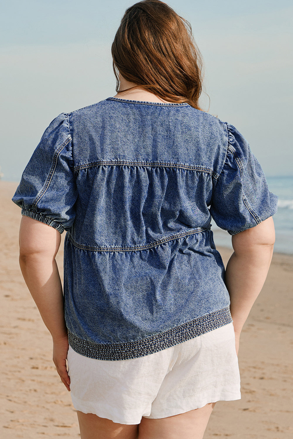 Sail Blue Plus  V Neck Puff Sleeve Denim Blouse. PSCollection