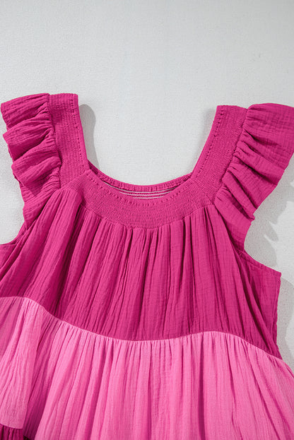 Pink Crinkled Colorblock Patchwork Flutter Tiered Dress. GCollection