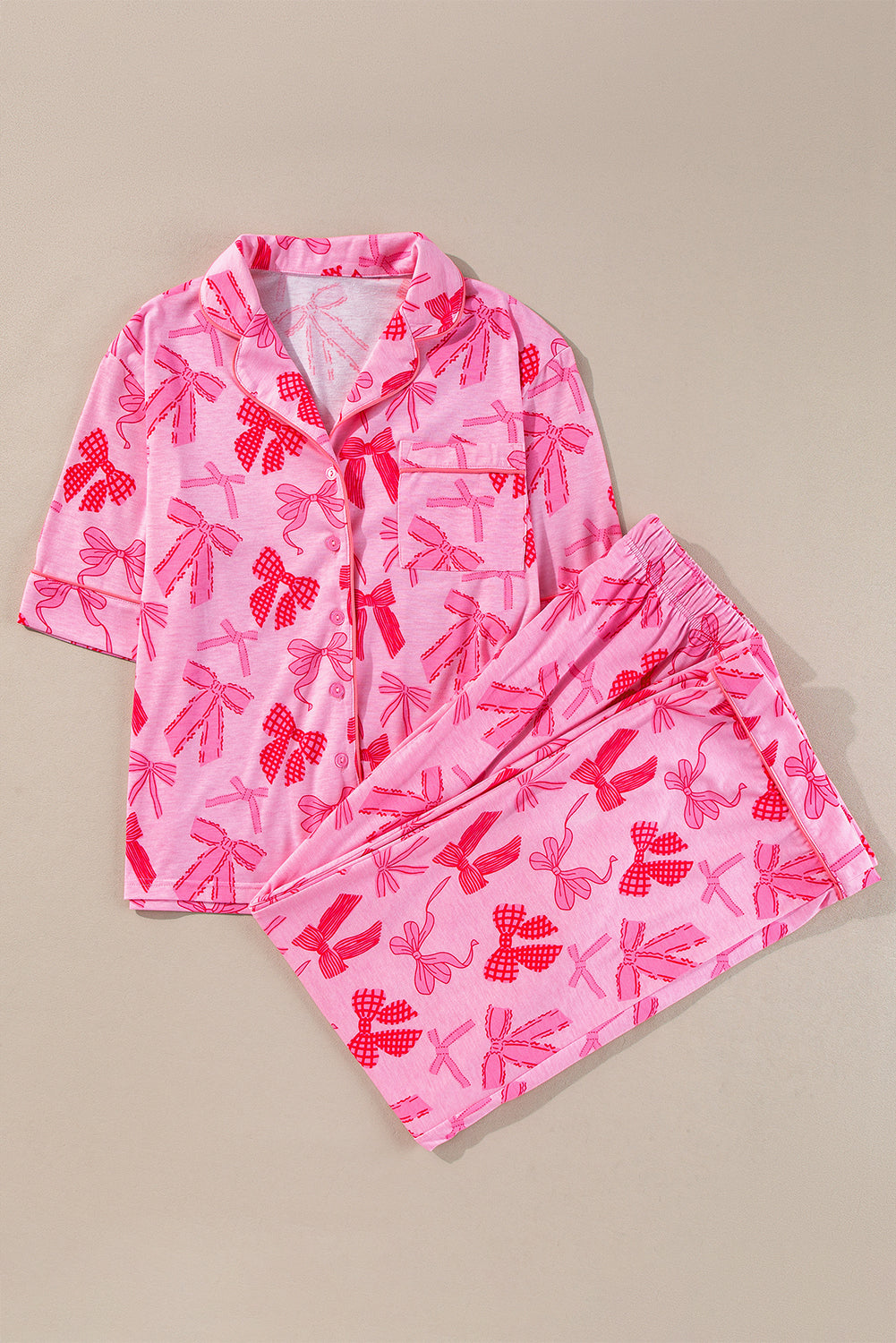 Pink Bow Knot Print Lapel Collar Short Sleeve and Pants Pajamas Set. GCollection