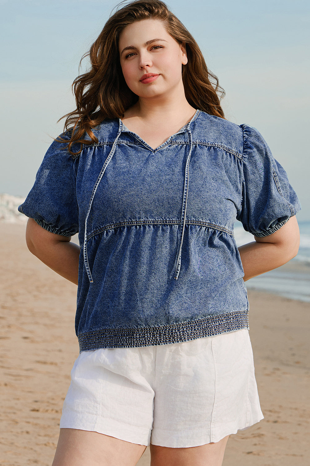Sail Blue Plus  V Neck Puff Sleeve Denim Blouse. PSCollection