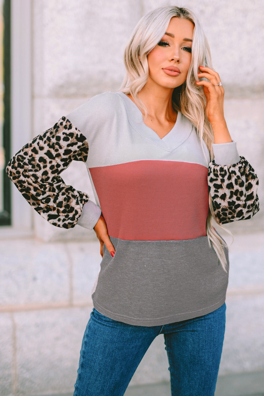 Leopard Contrast Sleeve Colorblock Waffle Knit Top. GCollection