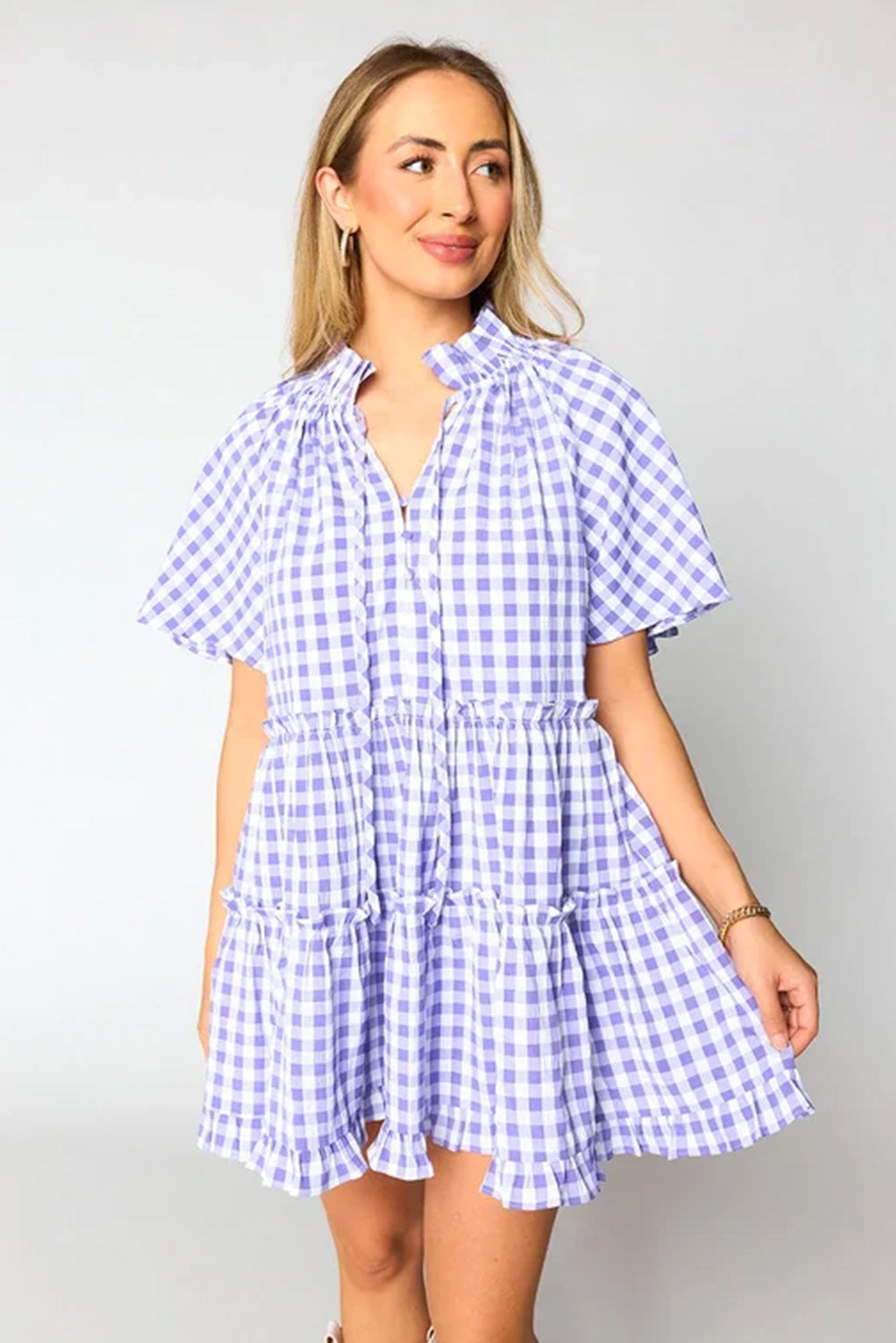 Plaid Ruffle Wide Short Sleeve Babydoll Mini Dress. GCollection