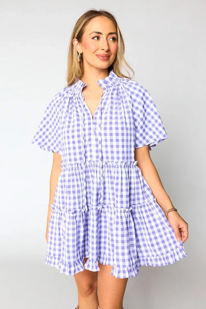 Plaid Ruffle Wide Short Sleeve Babydoll Mini Dress. GCollection