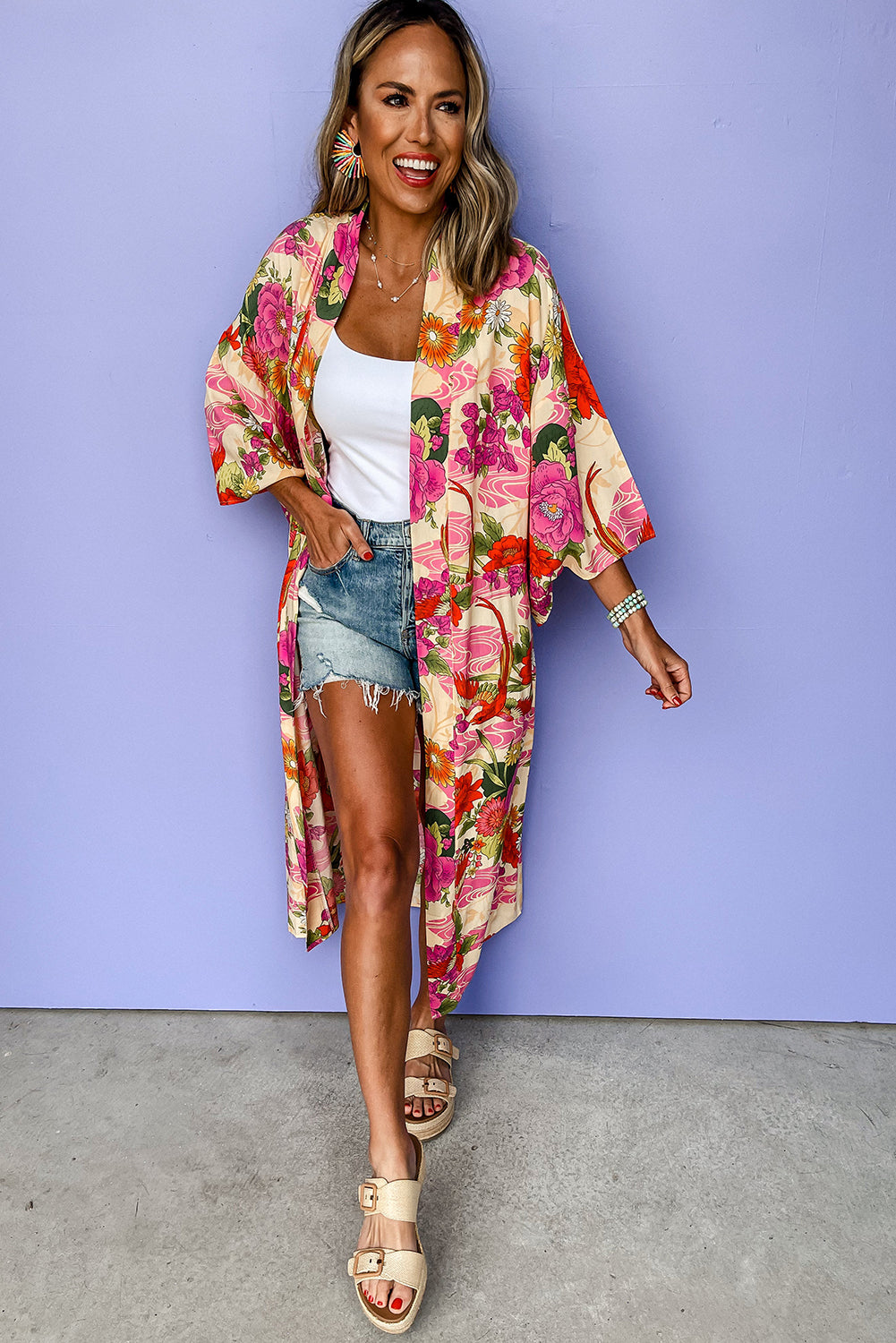 Pink Floral Allover Print Open Front Belted Duster Kimono. GCollection