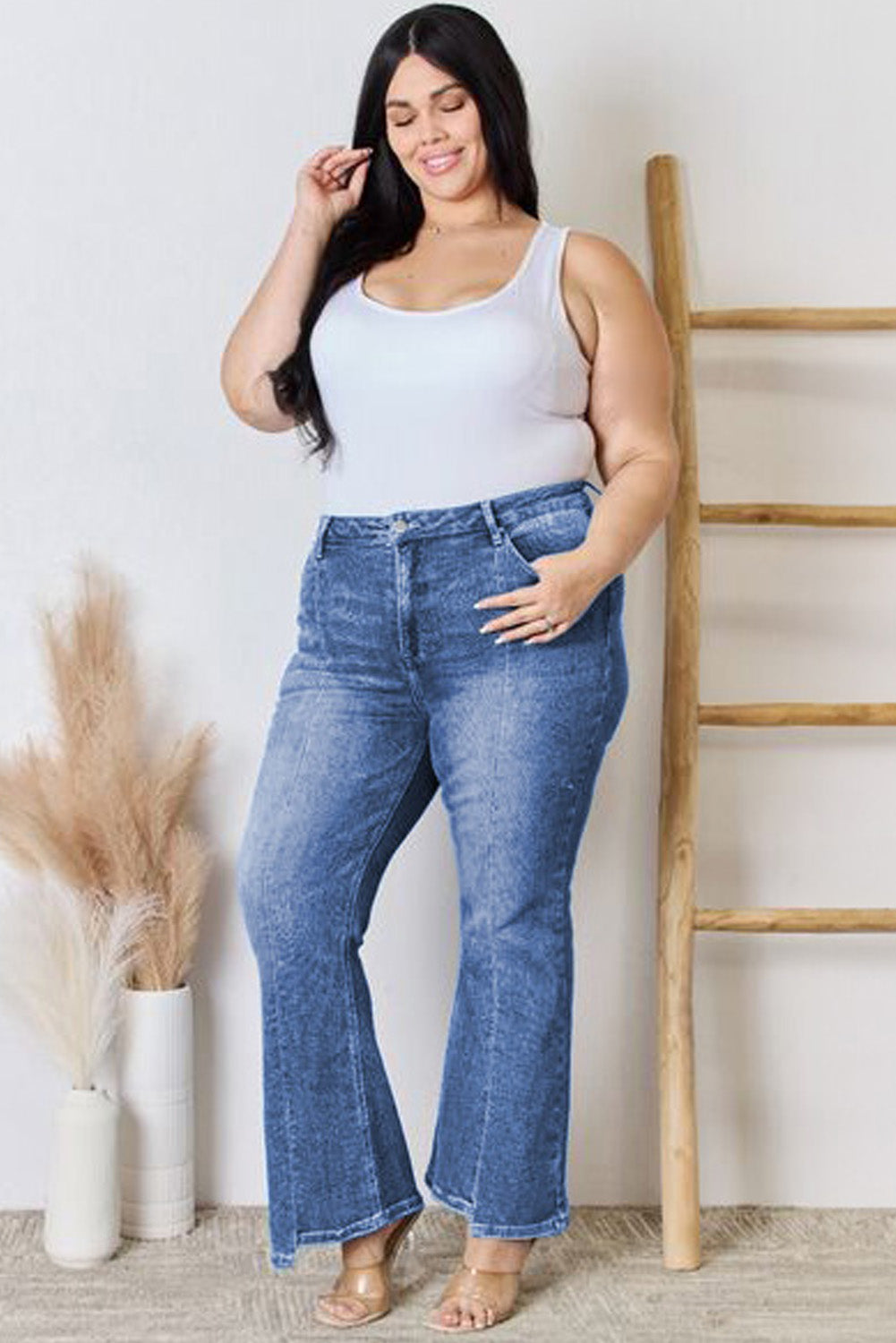 Blue Exposed Seam High Waist Flare Jeans. PSCollection