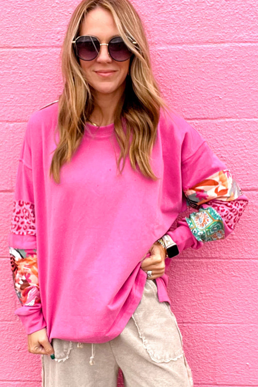 Sachet Pink Mixed Print Patch Drop Shoulder Pullover Top. GCollection