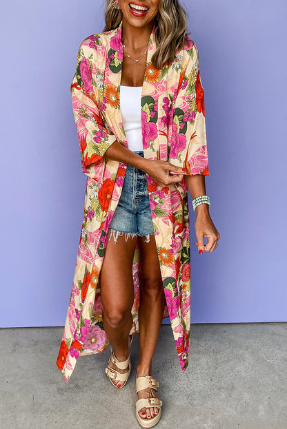 Pink Floral Allover Print Open Front Belted Duster Kimono. GCollection