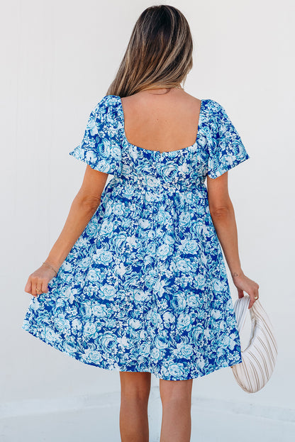 Blue Floral Puff Sleeve Babydoll Dress. GCollection