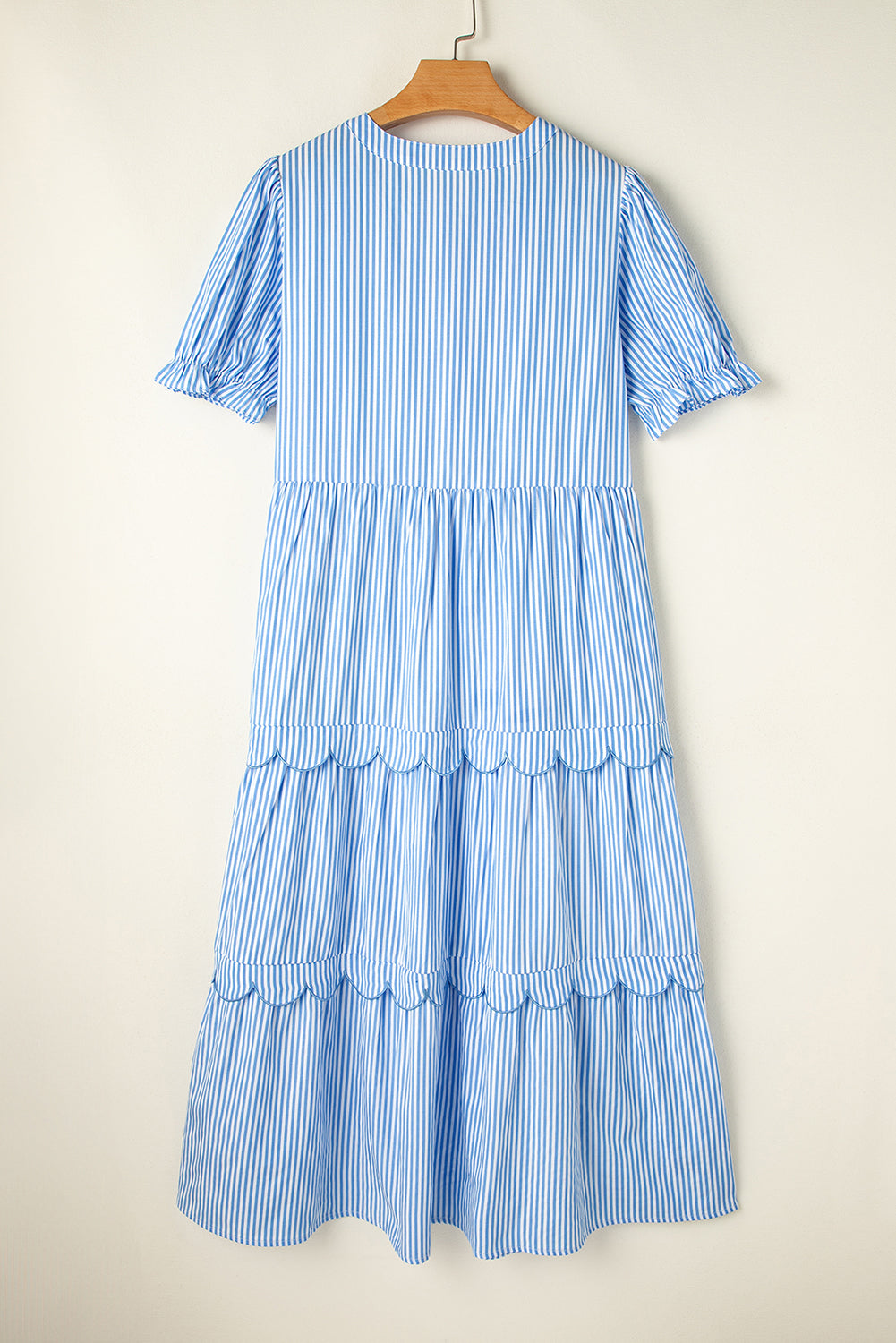 Sky Blue Stripe Bubble Short Sleeve Tiered Scallop Long Dress. GCollection