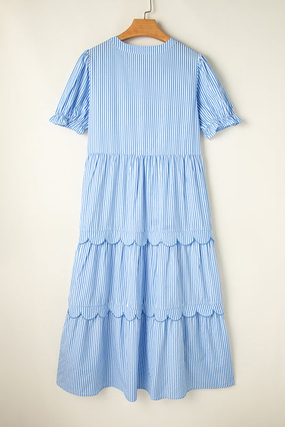 Sky Blue Stripe Bubble Short Sleeve Tiered Scallop Long Dress. GCollection