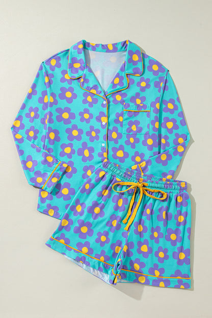 Teal Flower Print Long Sleeve Pajamas Set. GCollection