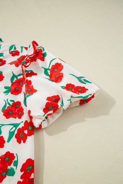 Red Floral Print Ruffled Puff Sleeve. GCollection