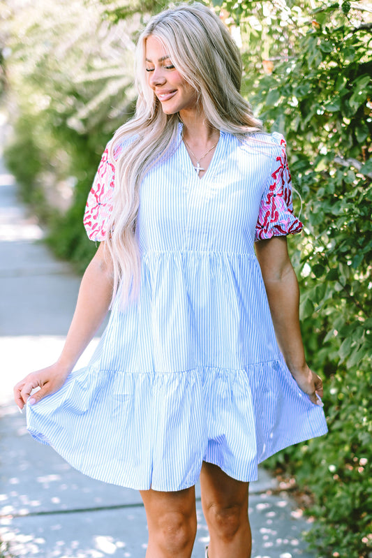 Sky Blue Stripe Contrast Floral Puff Sleeve Tiered Ruffle Dress. GCollection