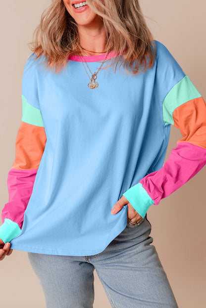 Dark Blue Colorblock Long Sleeve Loose Top. GCollection