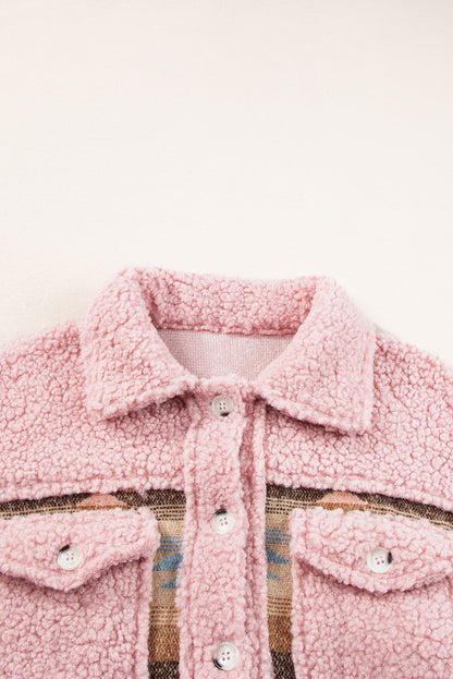 Pink Western Sherpa Splicing Buttoned Flap Pocket Coat. GCollection