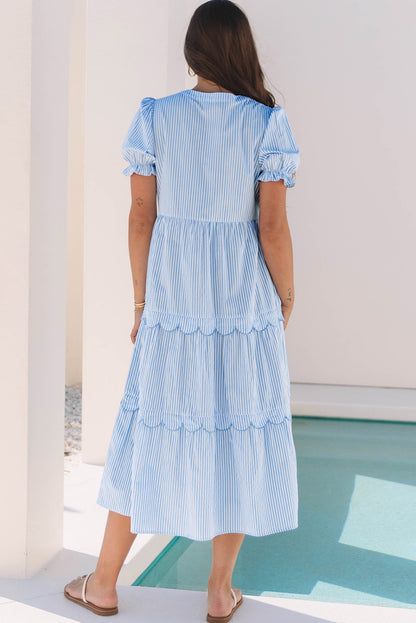 Sky Blue Stripe Bubble Short Sleeve Tiered Scallop Long Dress. GCollection