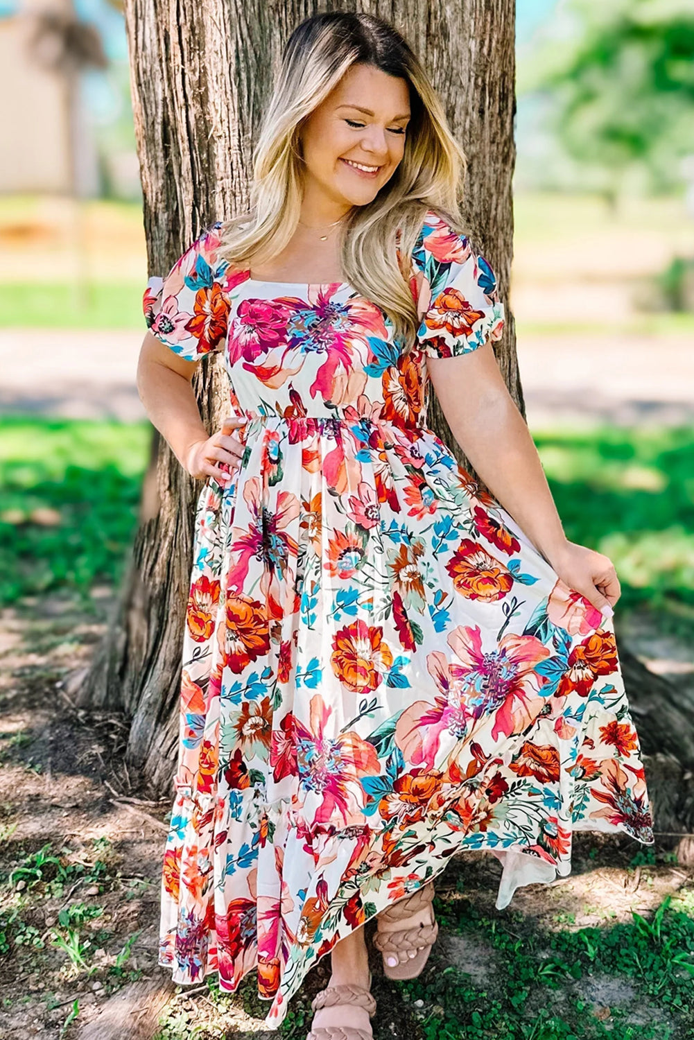 White Floral Square Neck Puff Sleeve Flowy Plus Size Midi Dress. PSCollection