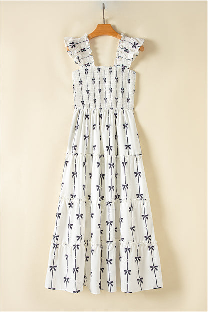 Black Bow Print Smocked Square Neck Ruffle Maxi Dress. GCollection
