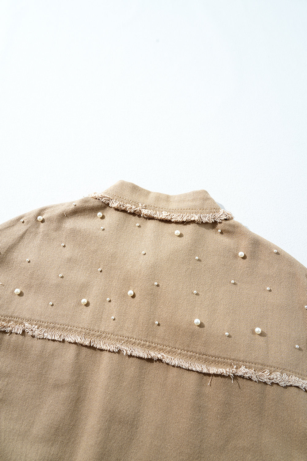 Khaki Pearl Beaded Button Up Denim Jacket. GCollection