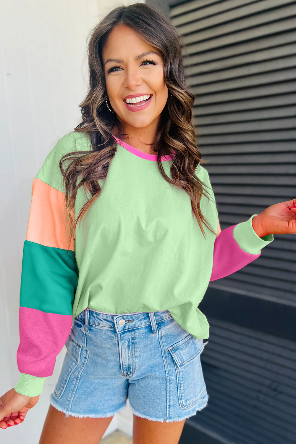 Green Colorblock Long Sleeve Loose Top. GCollection