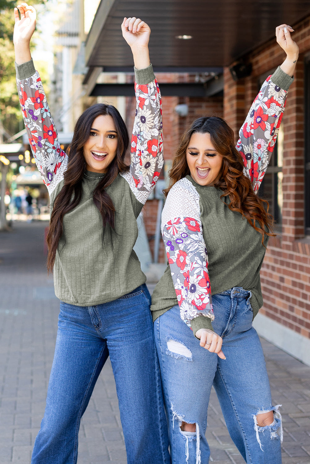 Green Floral Long Sleeve Ribbed Top. GCollection