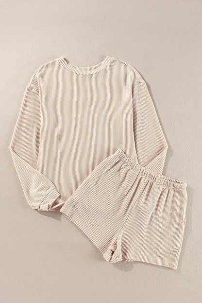 Corded Knit Long Sleeve Top and High Waist Shorts Set. GCollection