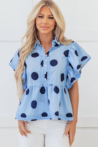 Sky Blue Polka Dot Print Ruffled Blouse. GCollection