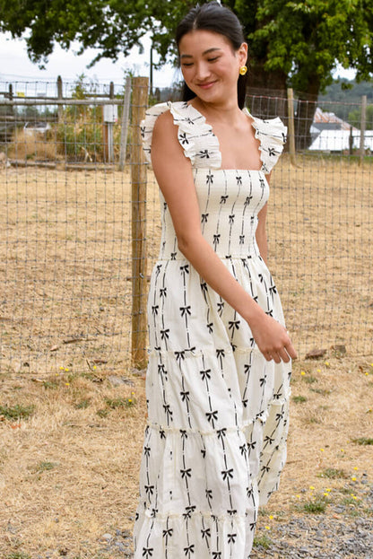 Black Bow Print Smocked Square Neck Ruffle Maxi Dress. GCollection