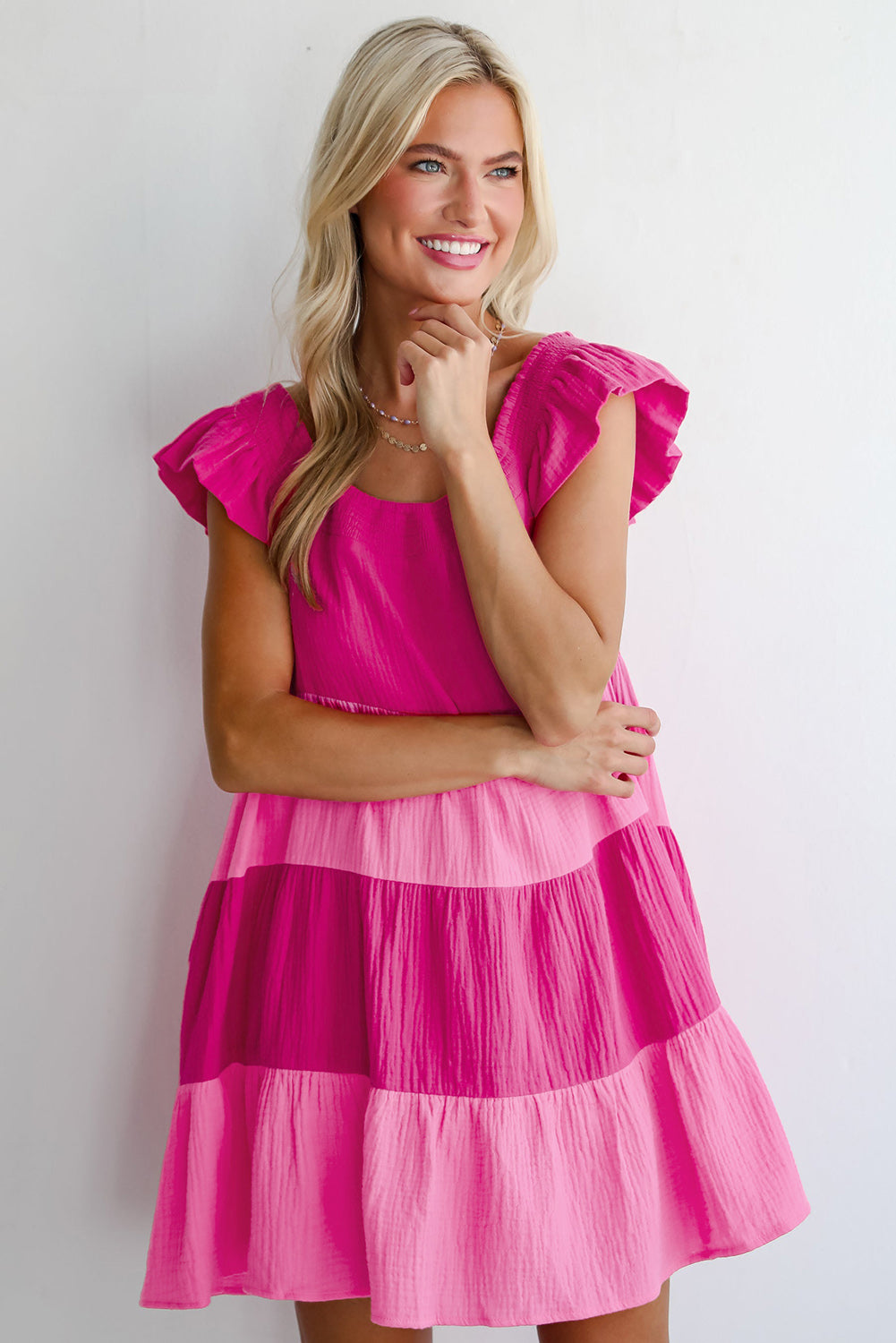 Pink Crinkled Colorblock Patchwork Flutter Tiered Dress. GCollection