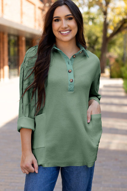 Smoke Green Waffle Half Button Loose Top. GCollection