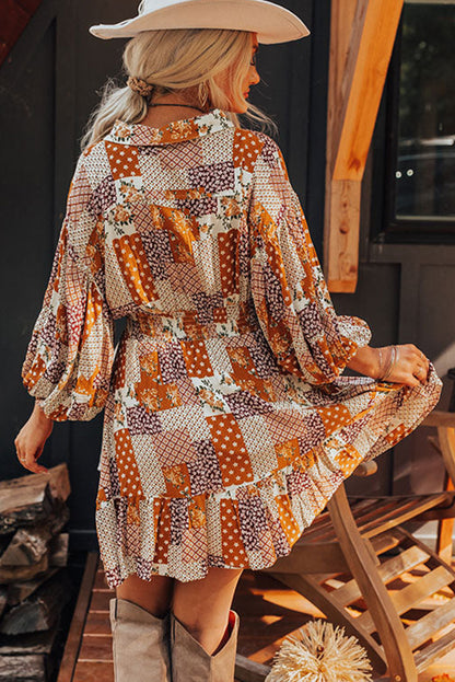 Orange Boho Floral Puff Sleeve Smocked Waist Mini Shirt Dress. GCollection