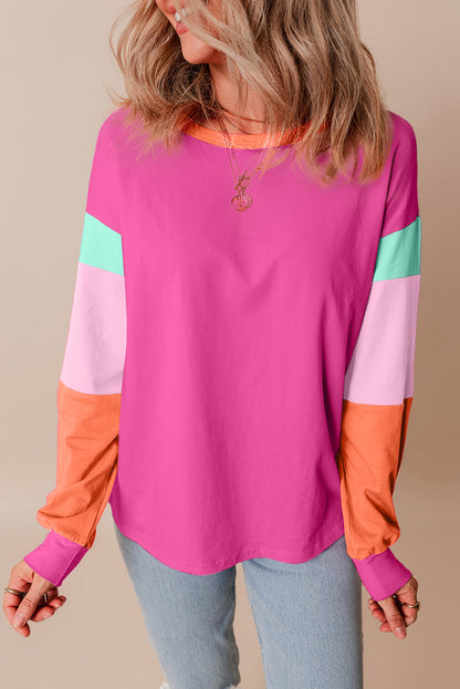 Rose Colorblock Long Sleeve Loose Top. GCollection