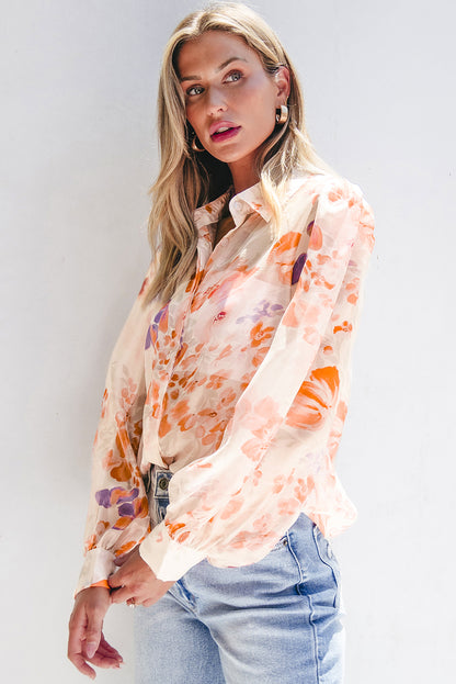 White Floral Print Balloon Sleeve Loose Shirt. GCollection