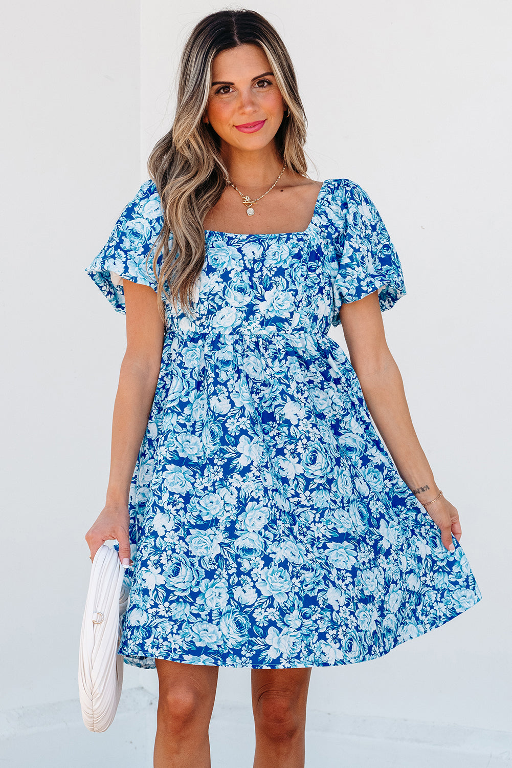 Blue Floral Puff Sleeve Babydoll Dress. GCollection