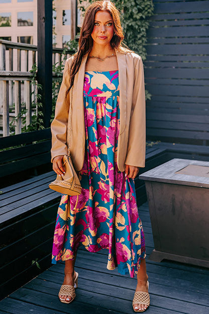 Dark Blue Floral High Waist Long Dress. GCollection