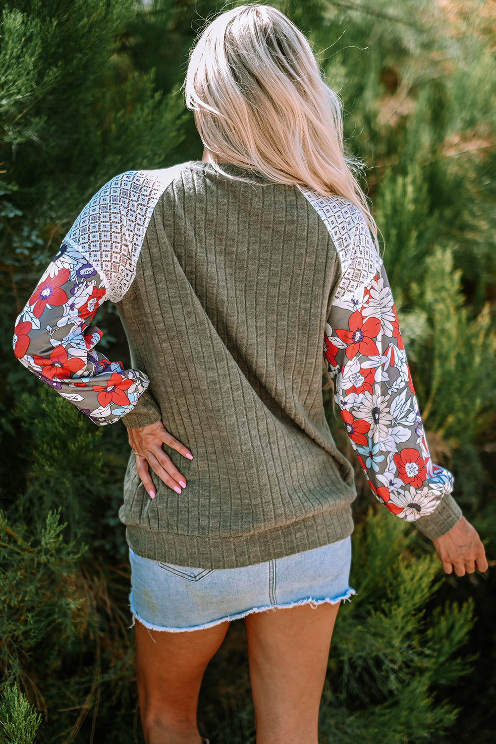 Green Floral Long Sleeve Ribbed Top. GCollection