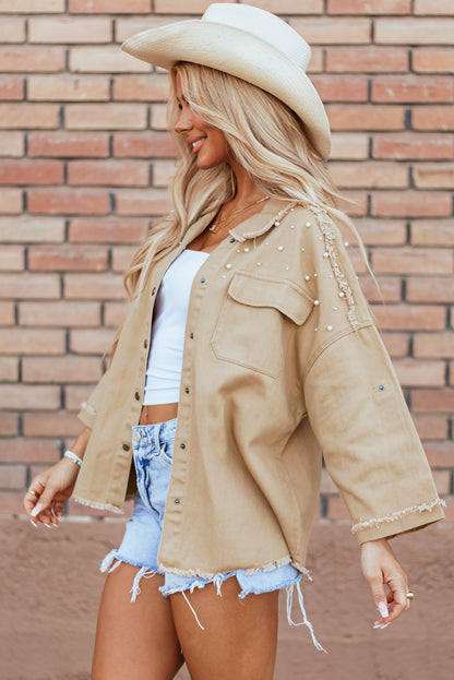 Khaki Pearl Beaded Button Up Denim Jacket. GCollection