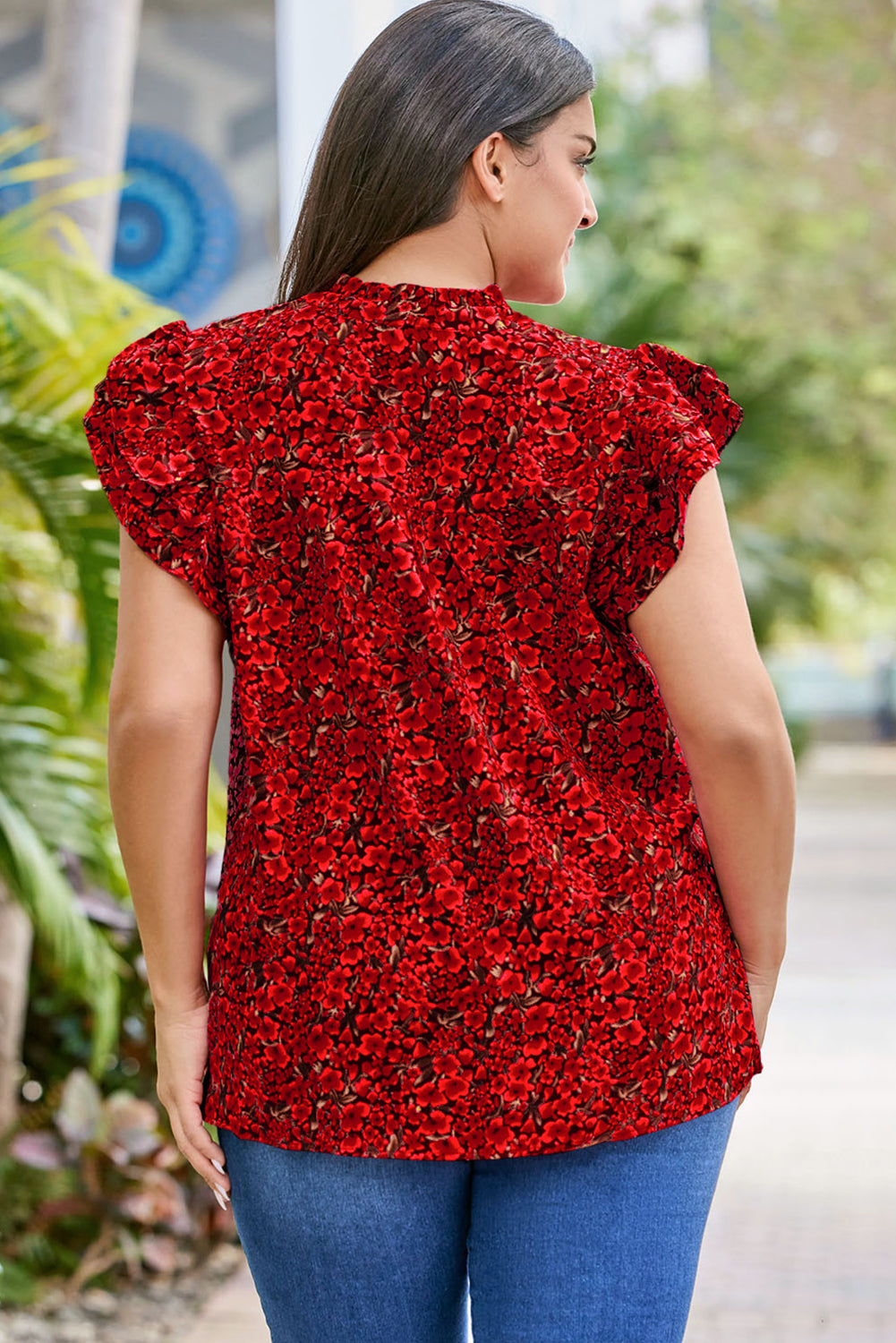Red Rose Floral Print Ruffle Sleeve Plus Size Shift Top. PSCollection