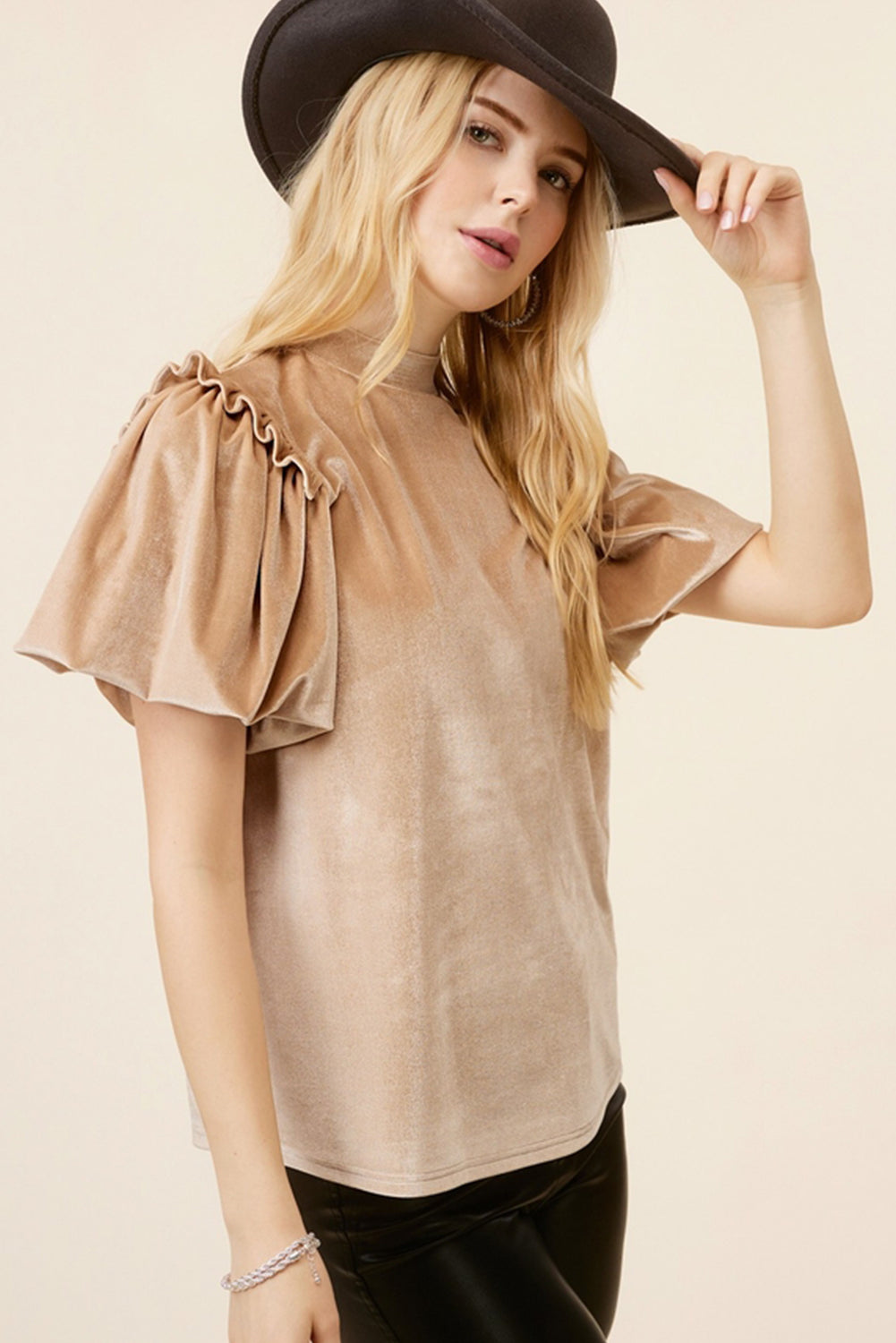 Beige Frilly Puff Sleeve Velvet Blouse. GCollection