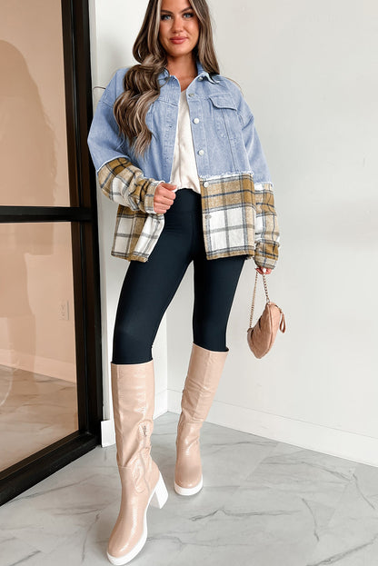 Khaki Plaid Patchwork Buttoned Oversized Denim Jacket. GCollection