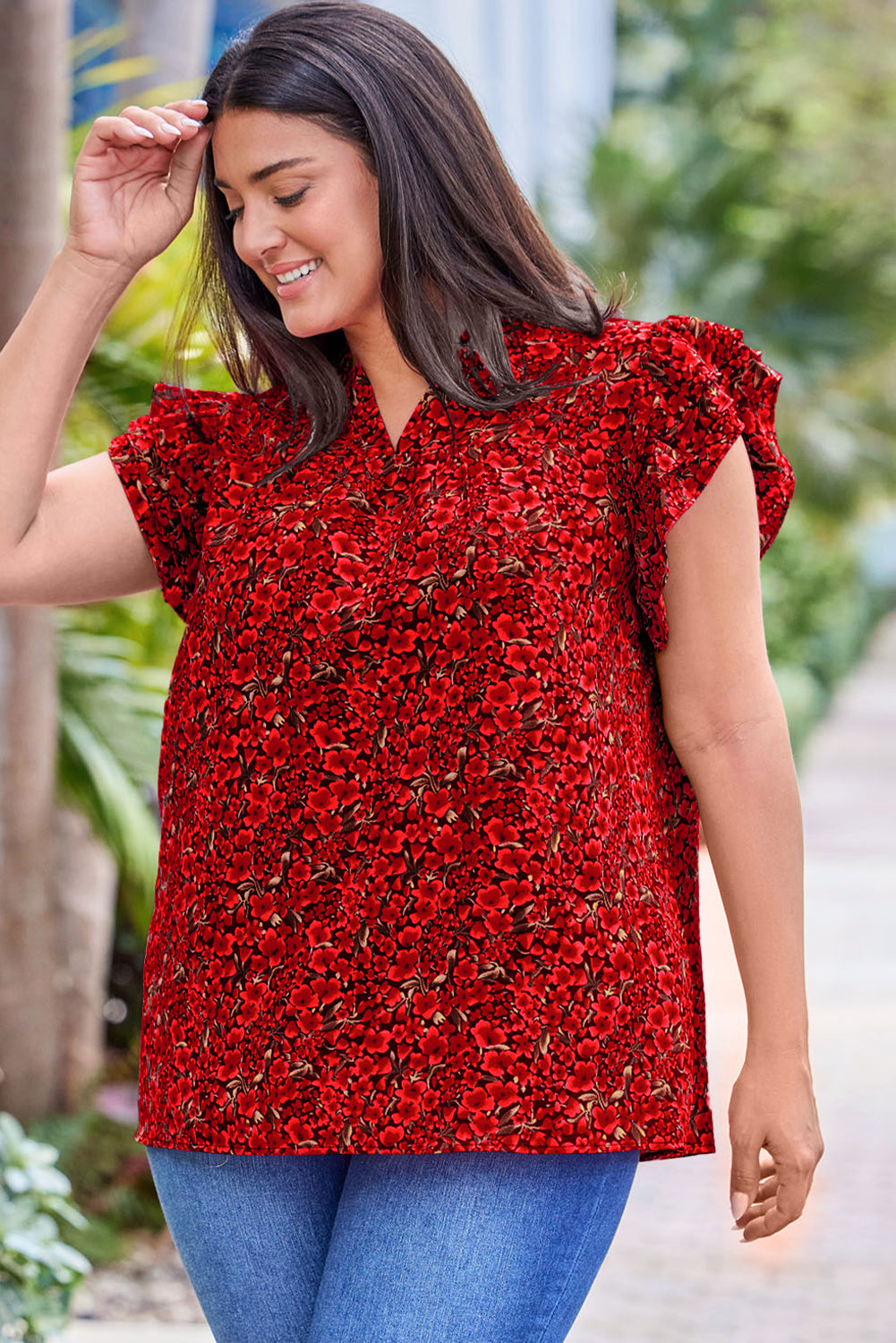 Red Rose Floral Print Ruffle Sleeve Plus Size Shift Top. PSCollection