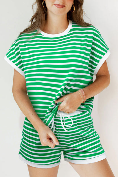 Dark Green Striped Cap Sleeve Tee and Shorts Set. GCollection