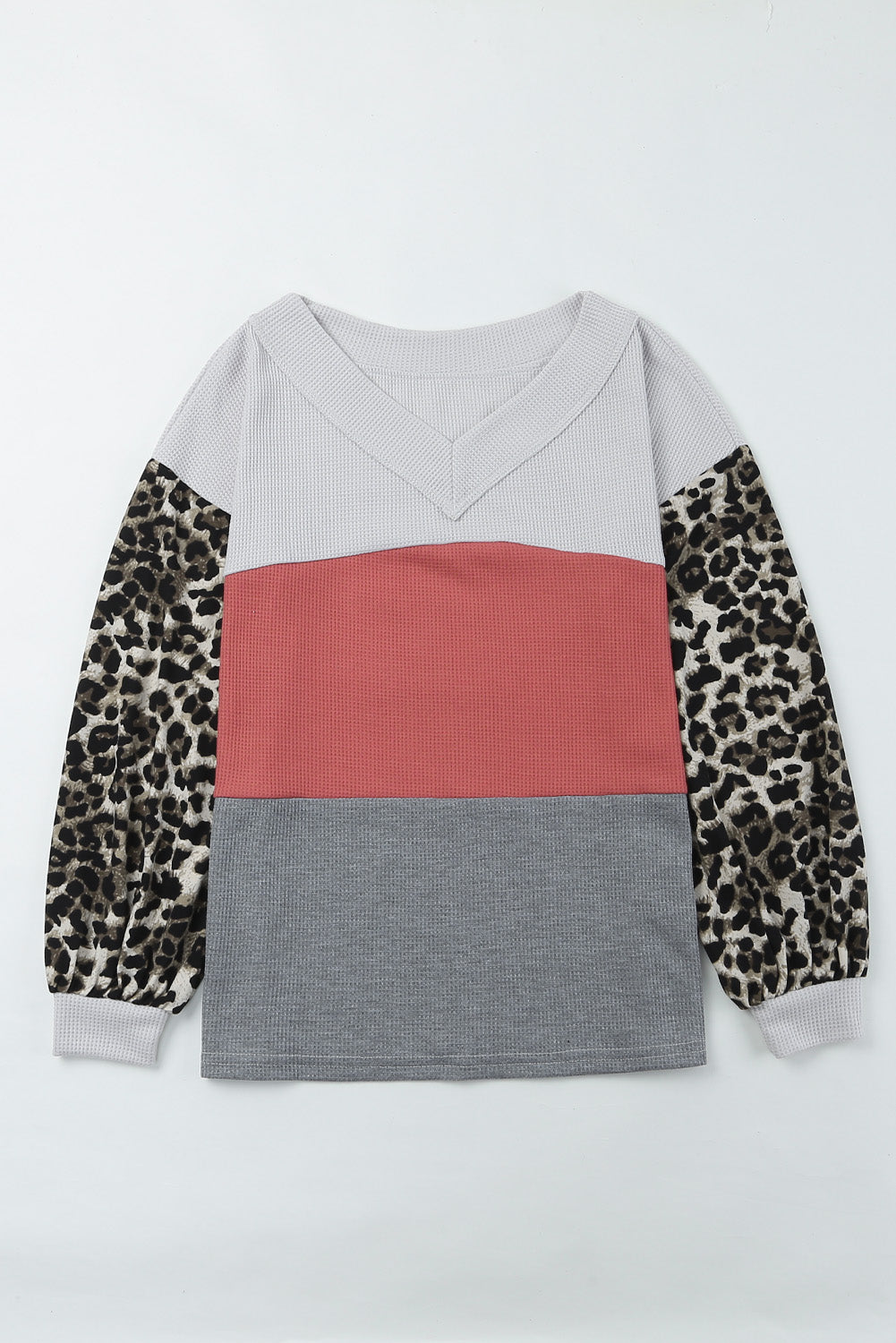 Leopard Contrast Sleeve Colorblock Waffle Knit Top. GCollection