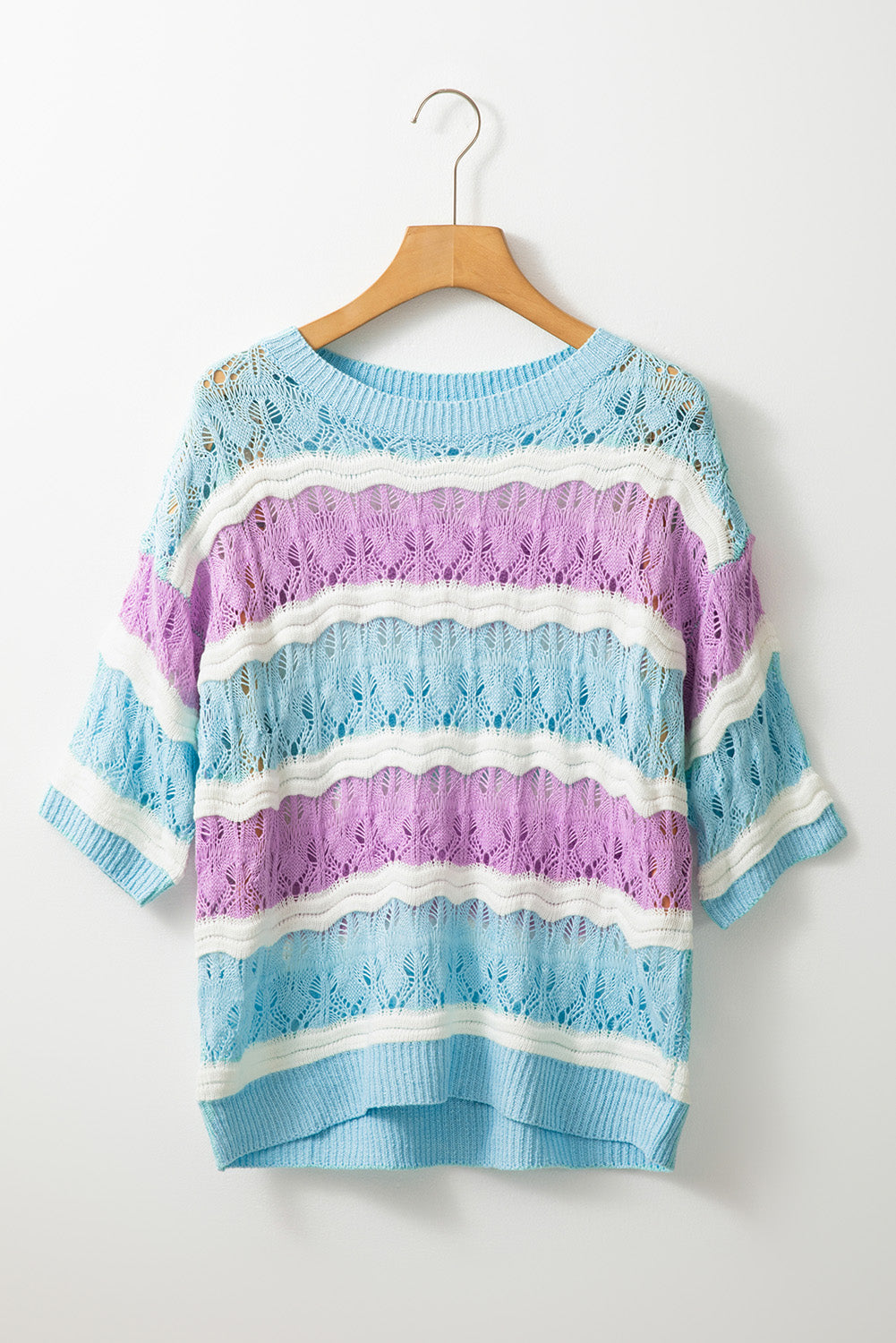 Purple Stripe Crochet Half Sleeve Sweater. GCollection