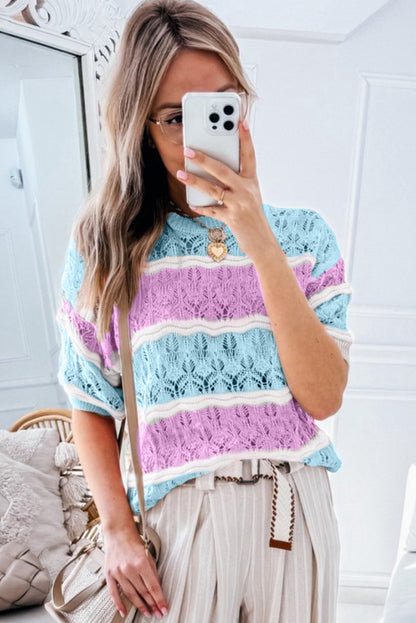 Purple Stripe Crochet Half Sleeve Sweater. GCollection